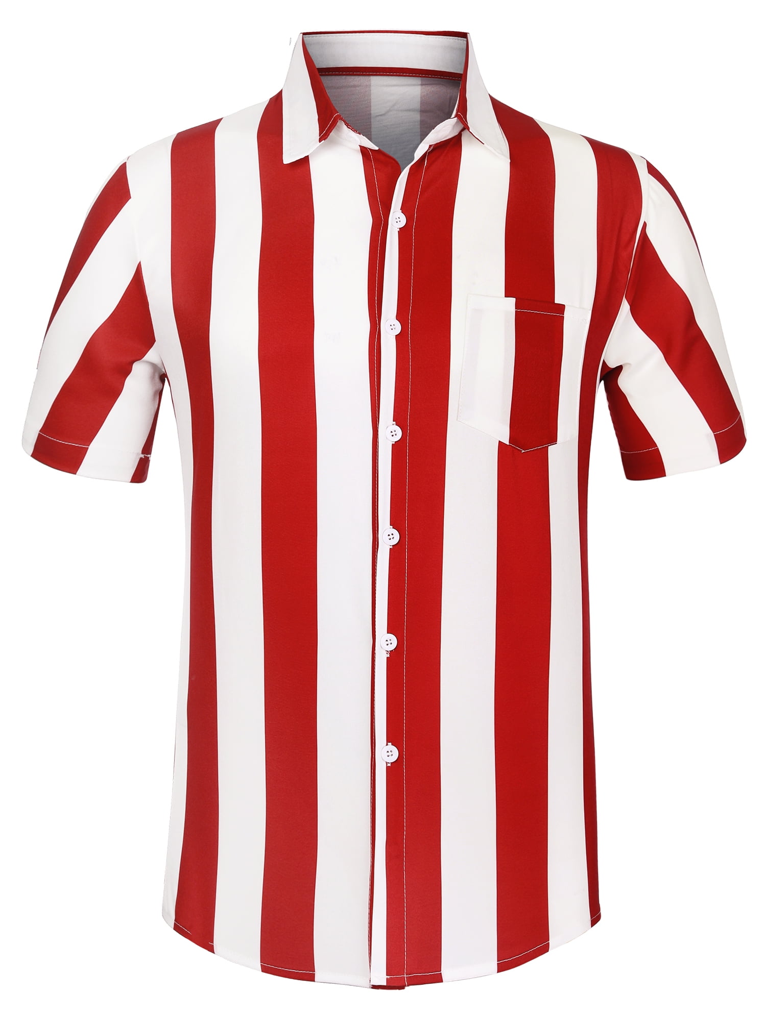 Unique Bargains Men's Striped Short Sleeves Button Down Print Shirt S Red White