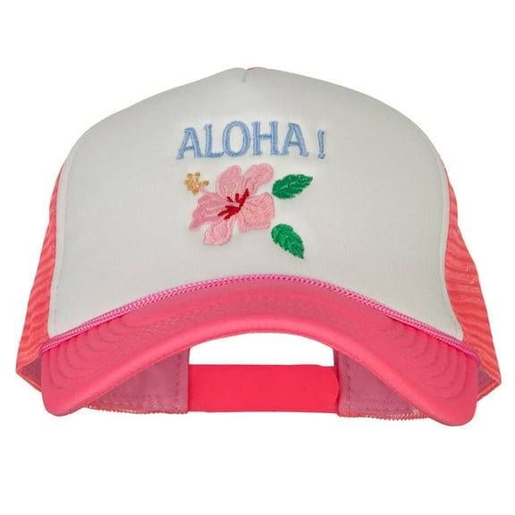 Hawaii Flower Aloha Embroidered Neon Polyester Big Size Mesh Cap - Neon Pink XL-3XL