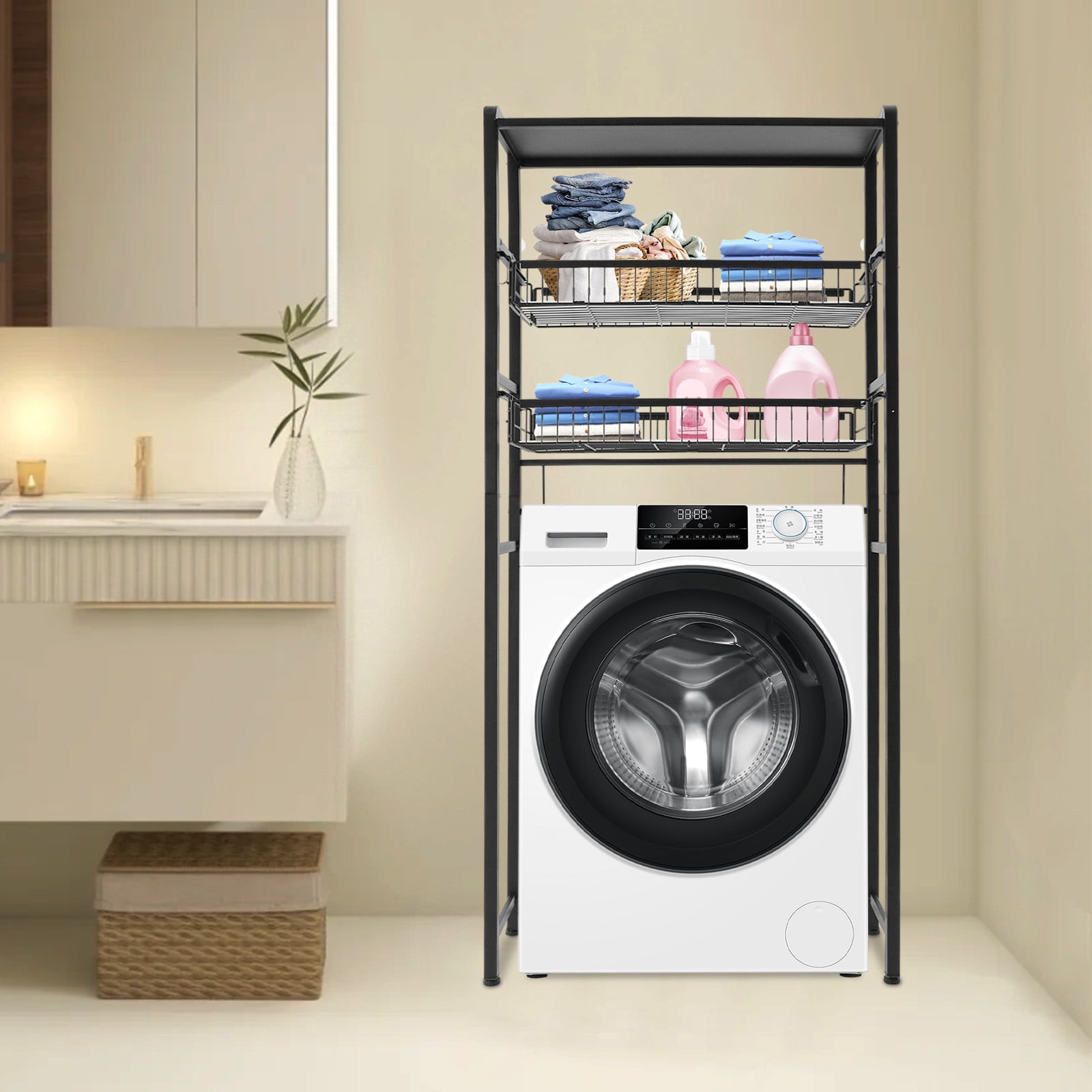 Black Washer Dryer Stacking Rack Stand, Dryer Storage Shelf with 3 Tiered Shelf, Space Saver Shelving Units Freestanding Closet Organizer Storage with Hooks