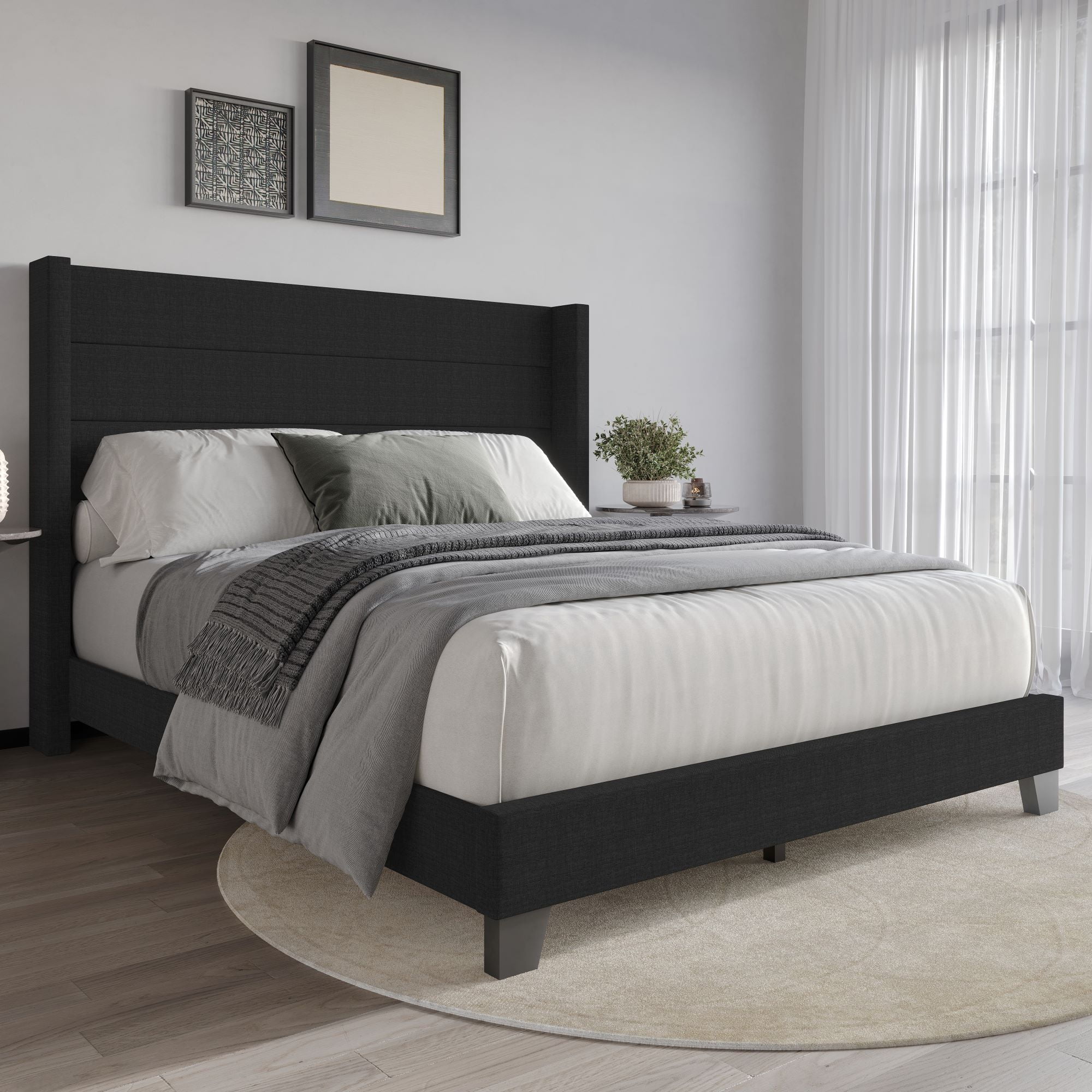 Home Design Niles King Upholstered Panel Bed Frame with Wingback Headboard and Foam-Padded Support, Black, Easy Assembly