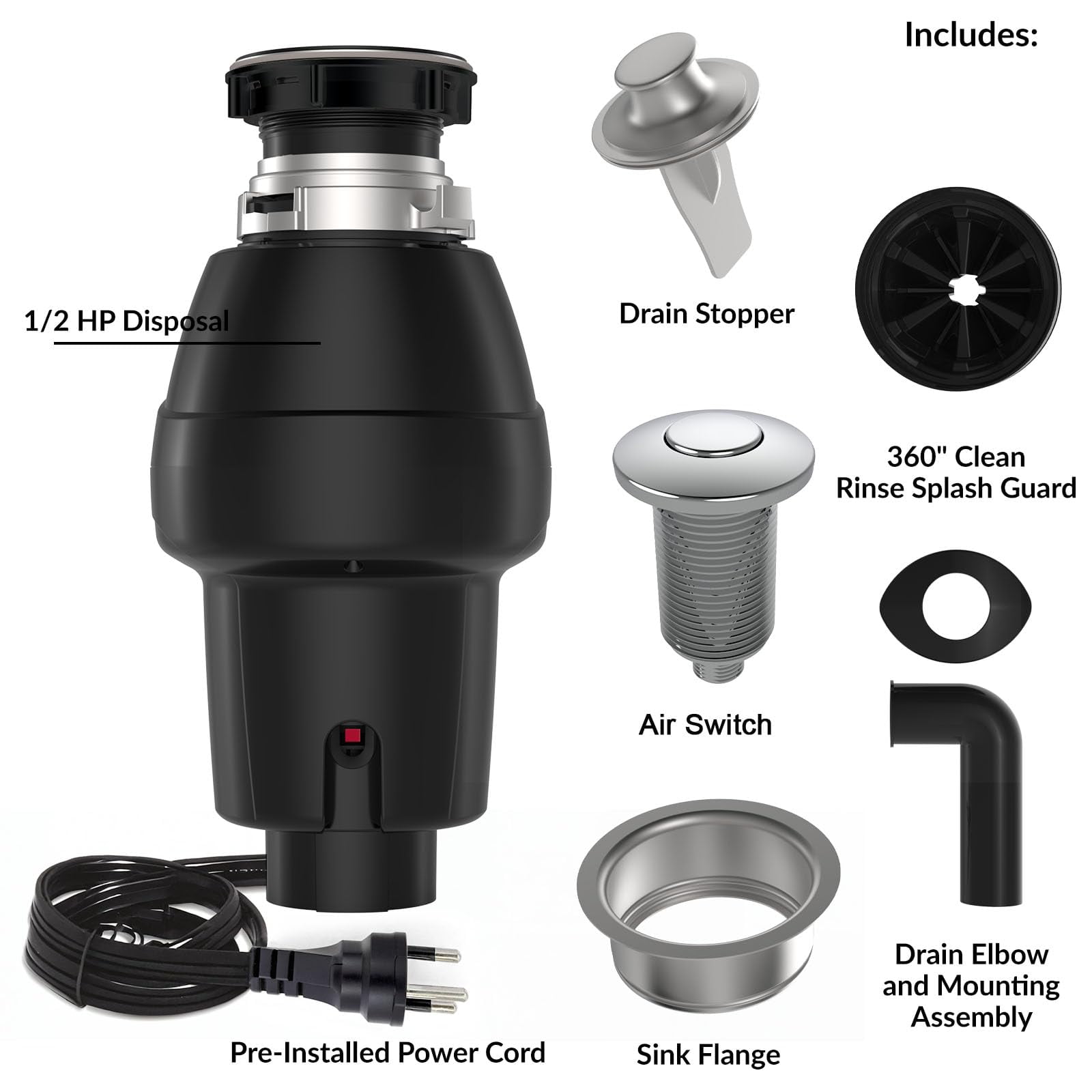 Garbage Disposal, Food Garbage Disposal with Power Cord, Stainless Steel Grinding System, Continuous Feed Compact Garbage Disposals (1/2 HP (Matte Black))