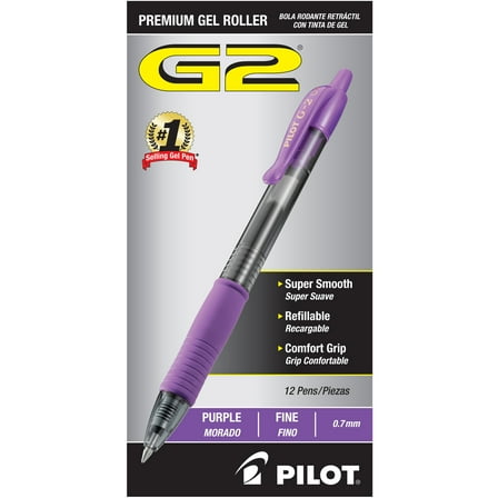 Pilot® G-2® Retractable Gel Pens, Fine Point, 0.7 mm, Clear Barrels, Purple Ink, Pack Of 12