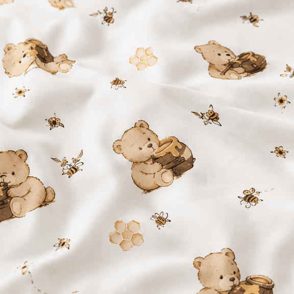 Queen Microfiber Sheets Set 4 Piece, Cute Character Printed Bed Sheets with Bear Design, Soft Breathable, White