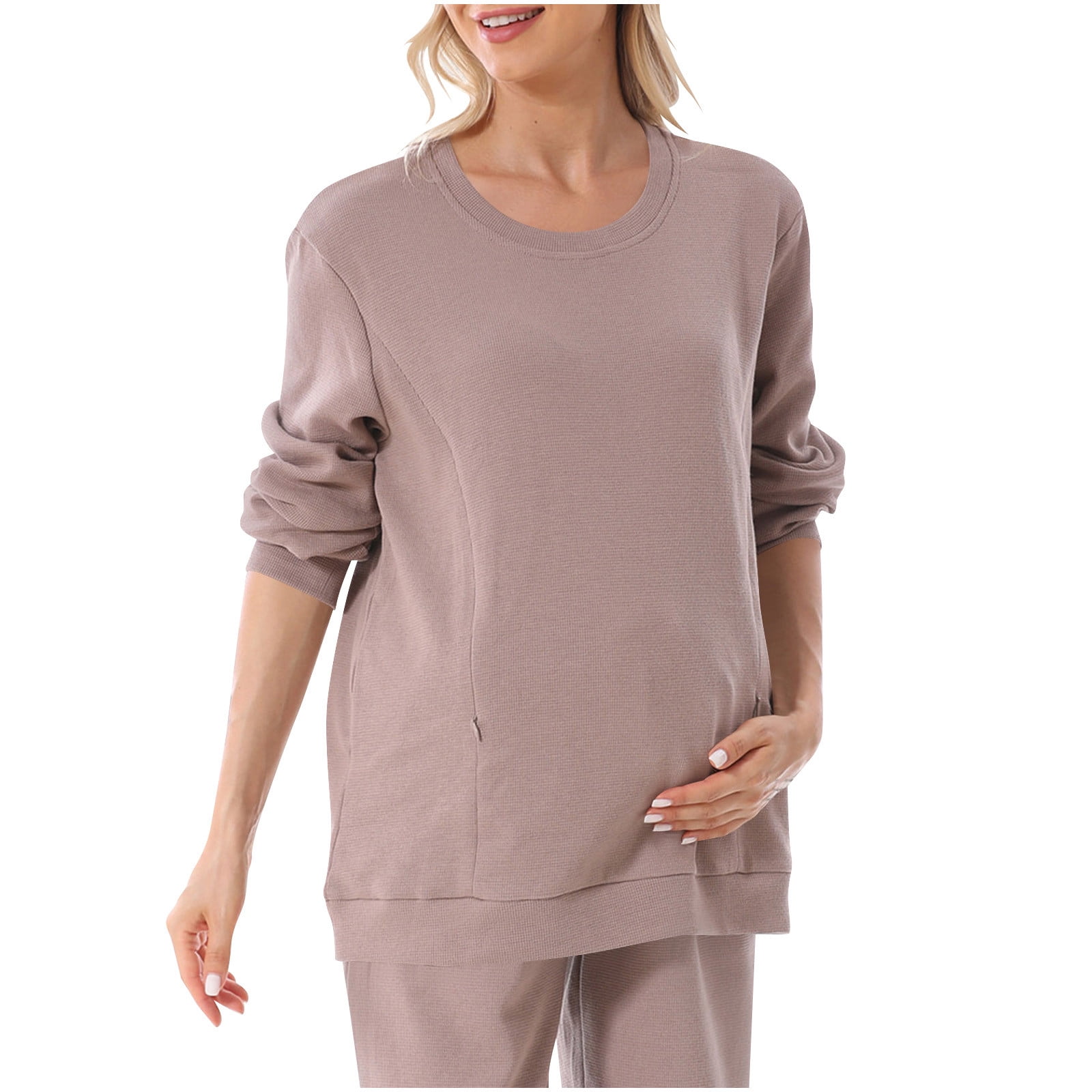 ylioge Maternity Tops for Women Pregnancy Plus Size S-4X Long Sleeve Sweatshirts with Zipper Pullover Solid Color Crewneck Nursing Sweatshirt Shirts