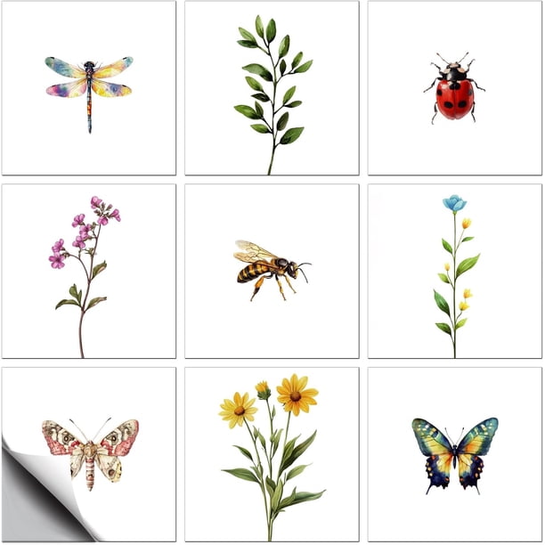 18 pegatinas para azulejos con diseño de mariquita, flores, abejas y mariposas, de pared, impermeables, autoadhesivas, 9 estilos