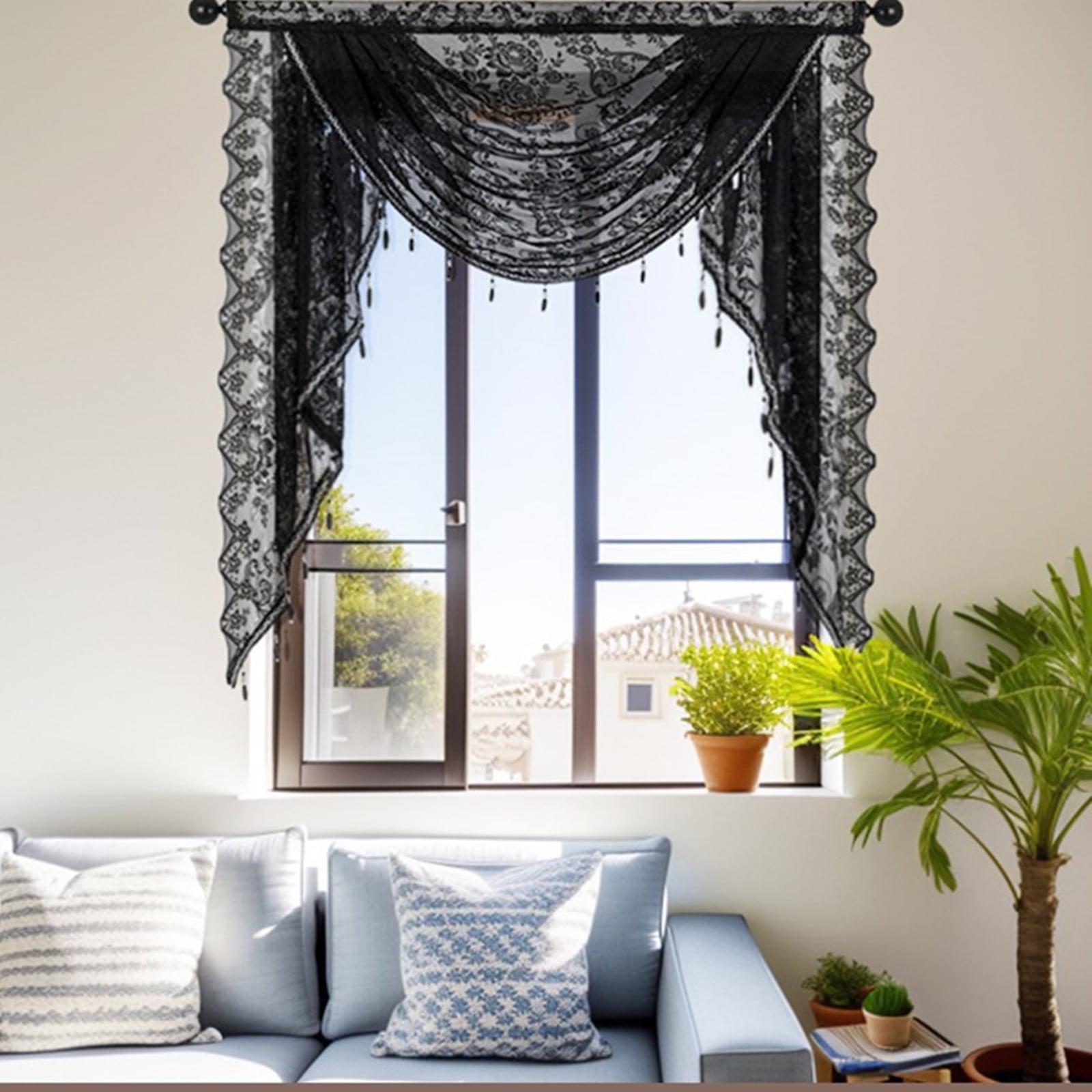 RUISINERY Elegant Laces Valance with Beadeds Tassels and Florals Embroidery for Bedroom Living Room Kitchen Basement