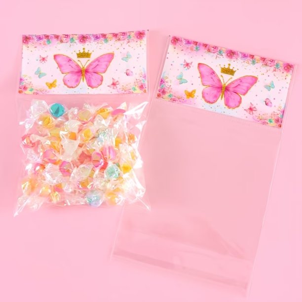 50 bolsas de regalo autosellantes de mariposa rosa, bolsas de regalo de celofán transparente con diseño floral for regalos de fiesta