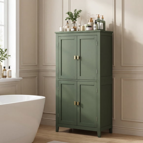 Tall Storage Cupboard with Adjustable Shelves, Bathroom Cabinet for Kitchen or Laundry Room, 4 Doors, Green