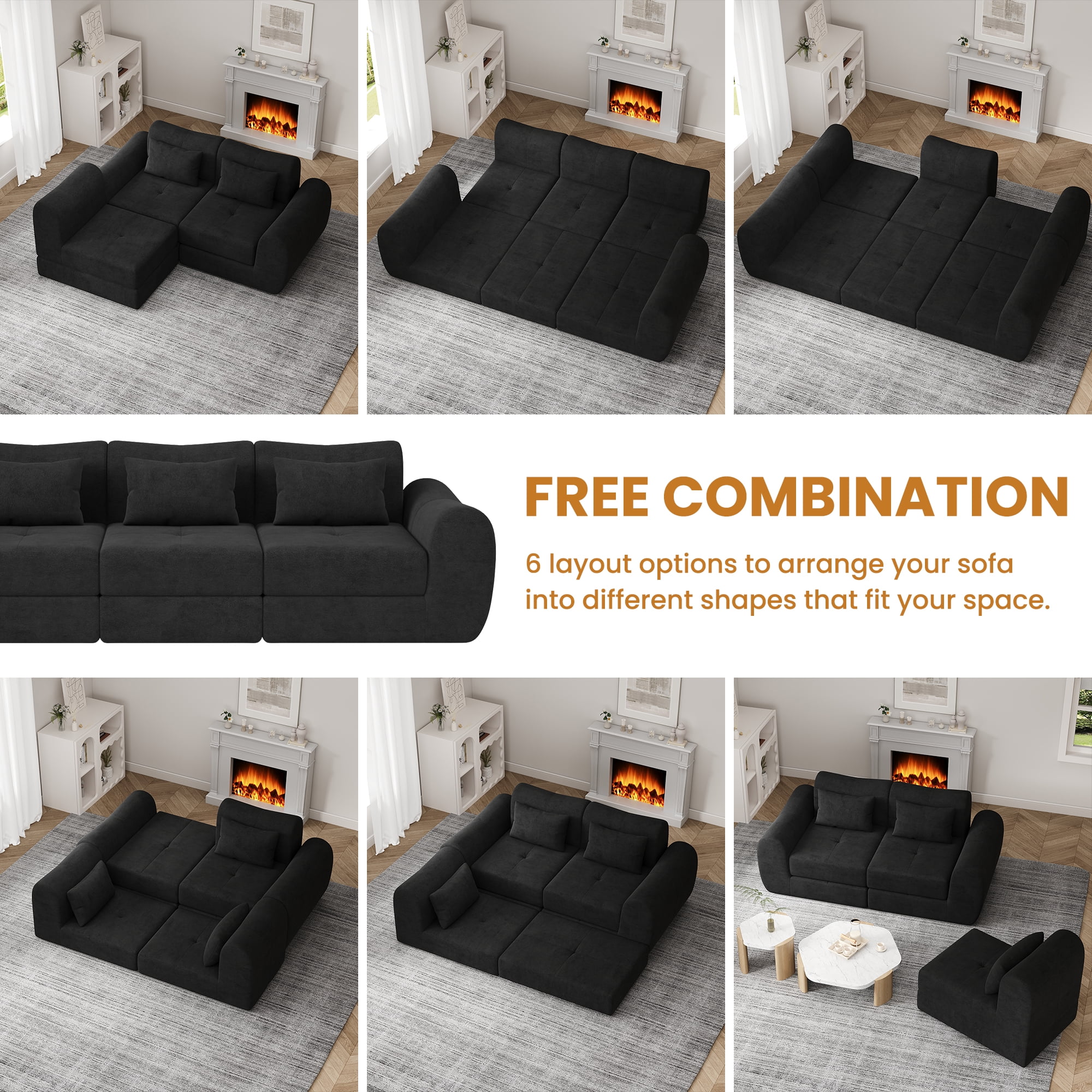 102" Modular Sectional Sofa with Chaise, 4-in-1 Modern Boneless Couch, 3 Seater Sofa with Extra Deep Seats, Folding Convertible Sofa Bed,Suitable for Living Room,Bedroom and Recreation Room (Black)