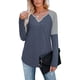 thumbnail image 1 of Camisa de Mujer Cuello en V Contraste Color Manga Larga Top Camiseta Interior Poliéster para Otoño Invierno Azul XXL, 1 of 6