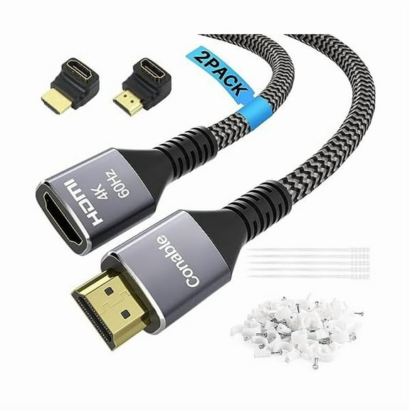 4K HDMI Extension Cable (2 Pack 0.6FT 0.6FT), HDMI 2.0 Braided Extender Male to Female Cord, Pure Copper 3D 4K@60Hz 2160p 1080p HDR HDCP 2.2 ARC (with Ties, U Nails, 2 HDMI Adapters)-0.6 Feet-2 Pack