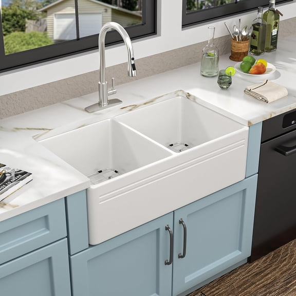33 White Farm Sink Double Bowl - Fulorni 33"×18" Farmhouse Kitchen Sink Reversible Apron Front Double Bowl 50/50 Ceramic Porcelain Fireclay Farmer Style Basin