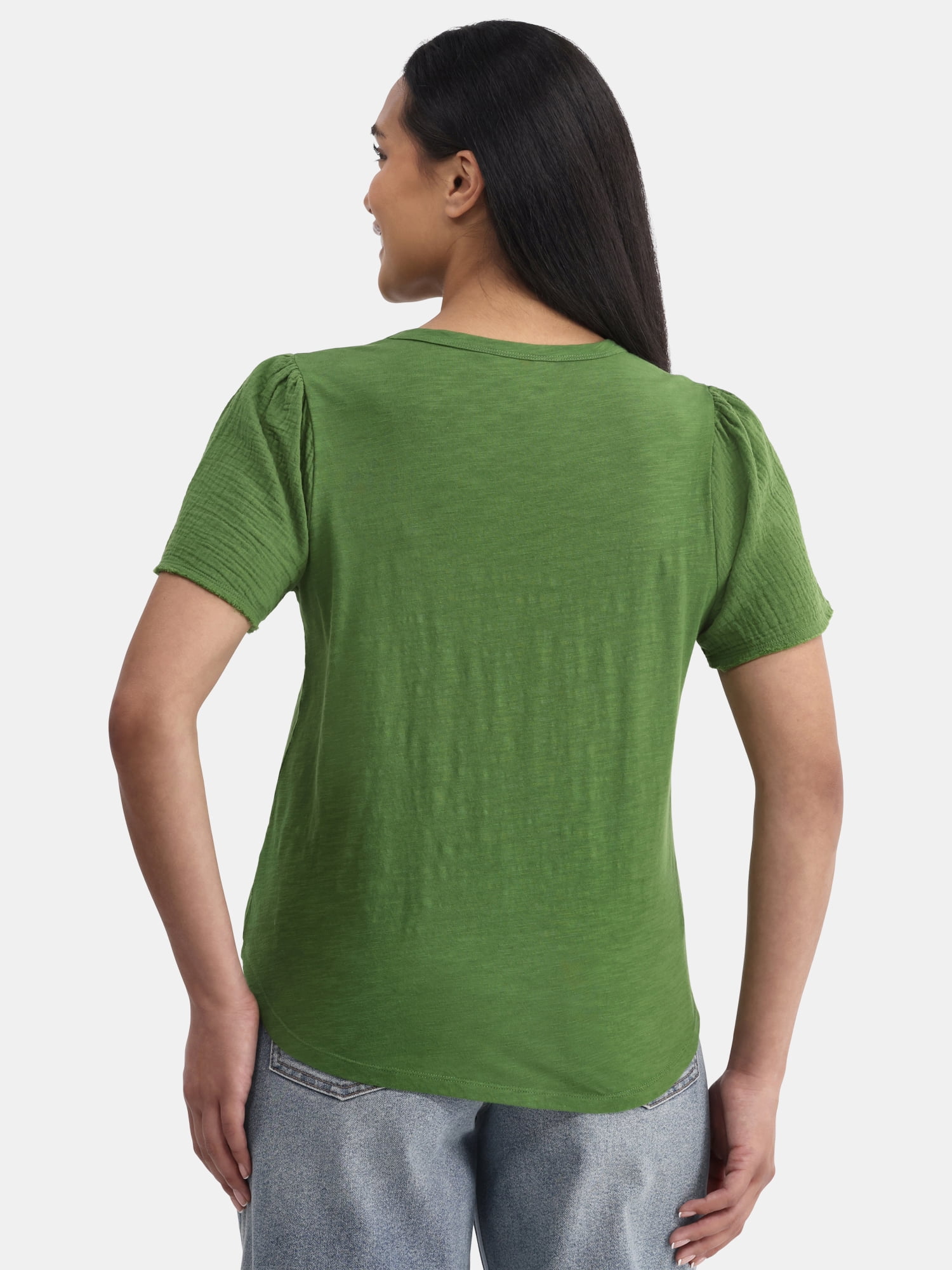 Time and Tru Women's Cotton Mixed Fabric V Neck Tee, Sizes XS-XXXL