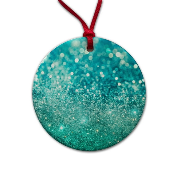 Turquoise Faux Glitter Christmas Tree Holiday Round Ceramic Ornament