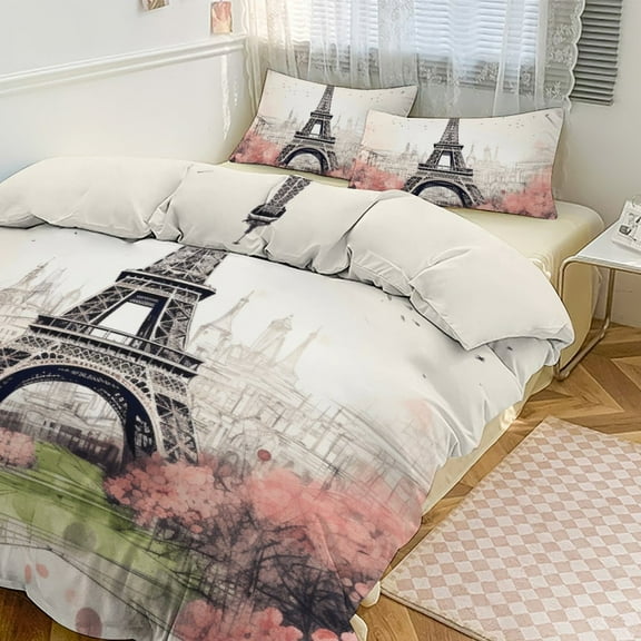 3PCS Eiffel Tower Duvet Cover Set Twin, 1 Duvet Cover And 2 Pillowcase, Duvet Cover for Kids Girls Boys And Teens
