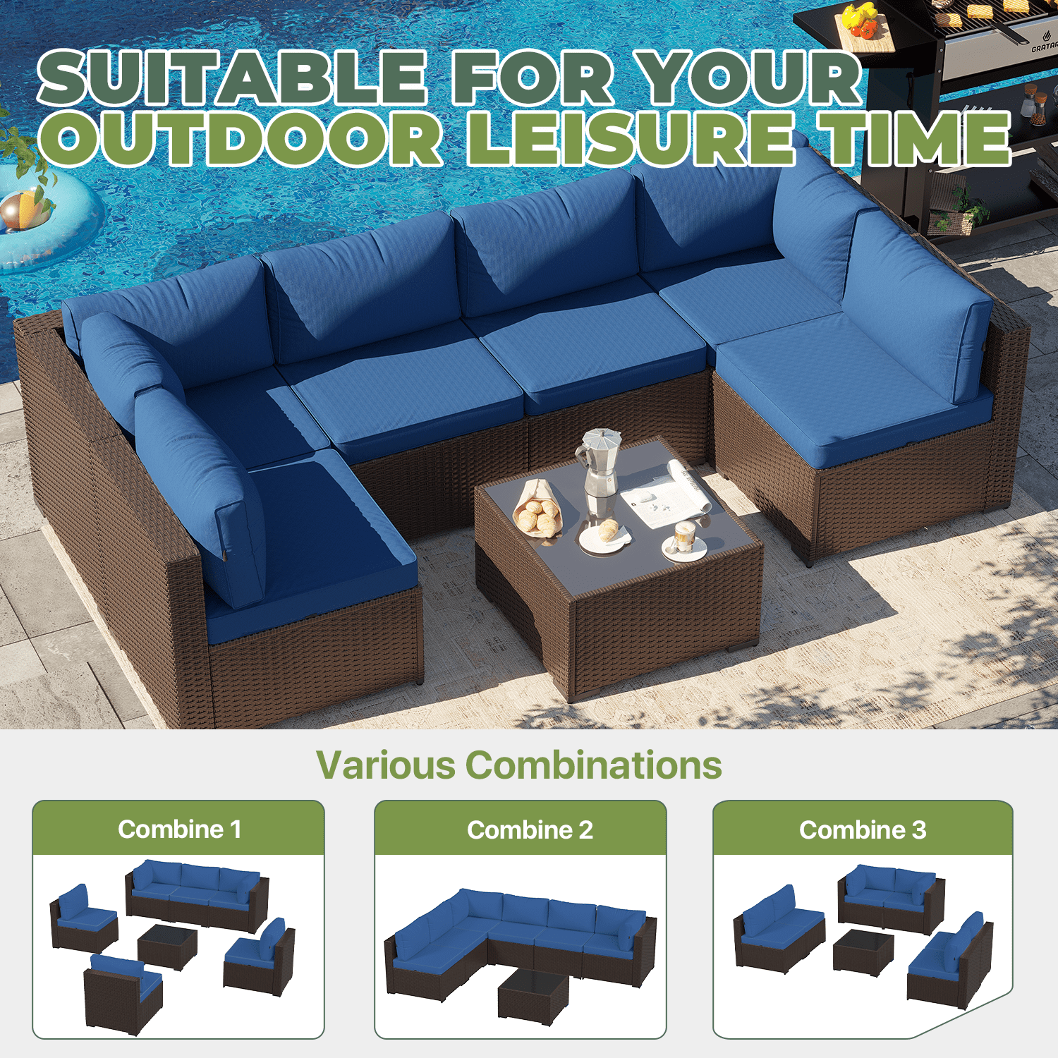 BaPiPro 7‑Piece Modular All‑Weather Patio Furniture Set, Brown Rattan Wicker Outdoor Sectional Sofa with Thickened Navy Blue Cushions & Tempered Glass Coffee Table for Backyard Porch Deck Balcony