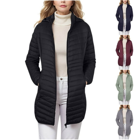 ATOYSOY Women Lightweight Puffer Coat, Women Hooded Mid-Length Packable Winter Jacket Green L