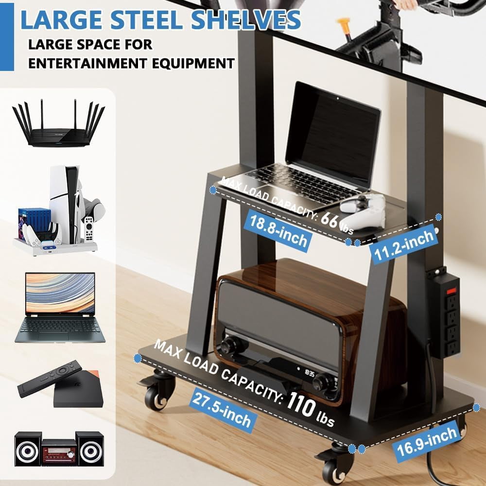 Mobile TV Cart with Power Outlet, Rolling TV Stand on Wheels for 32-75 inch Television, Height Adjustable, 15 °   Viewing Angle,  130LBS, Vesa 600x400