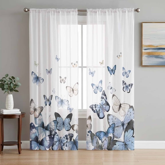 Sheer Curtains 72 Inches Long 2 Panels Set for Bedroom, Blue Butterflies Semi Sheer Curtains for Windows, Elegant Pastoral Butterfly Voile Window Treatments Rod Pocket Curtain