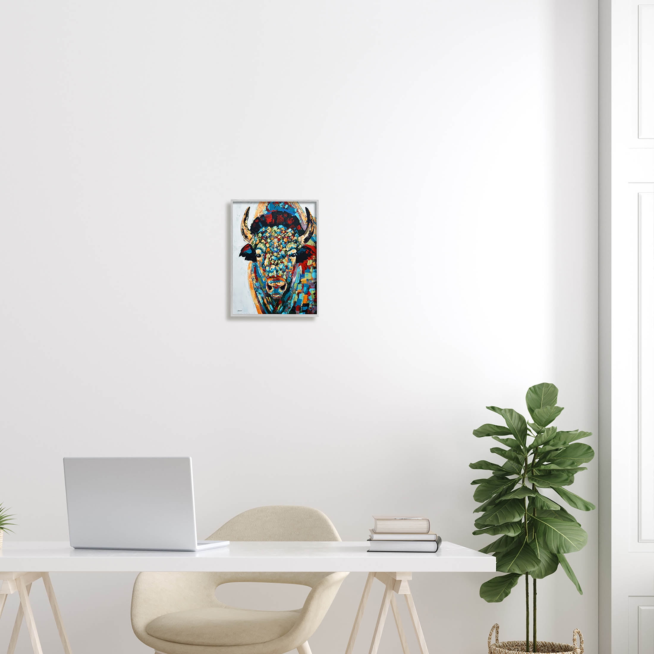 Abstract Bison Kaleidoscopic Strokes Animals & Insects Painting Gray Framed Art Print Wall Art