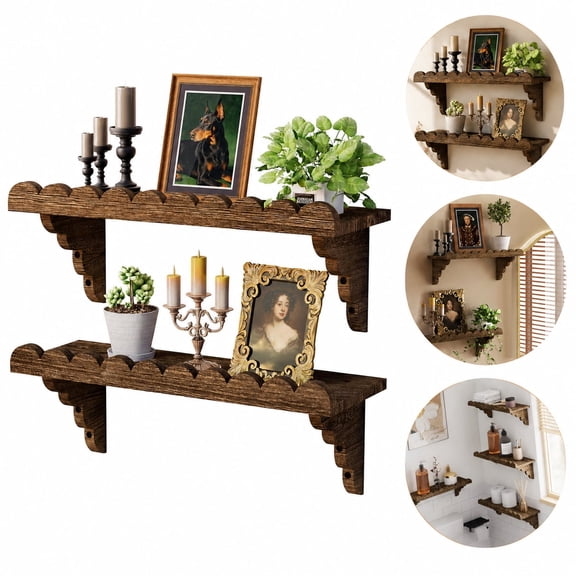 Scalloped Wood Floating Shelves, 17 Inch Rustic Wall Shelf with Wood Shelf Brackets, Floating Shelves for Wall Decor Storage, Wall Mounted Shelves on Wall for Living Room Bedroom Bathroom