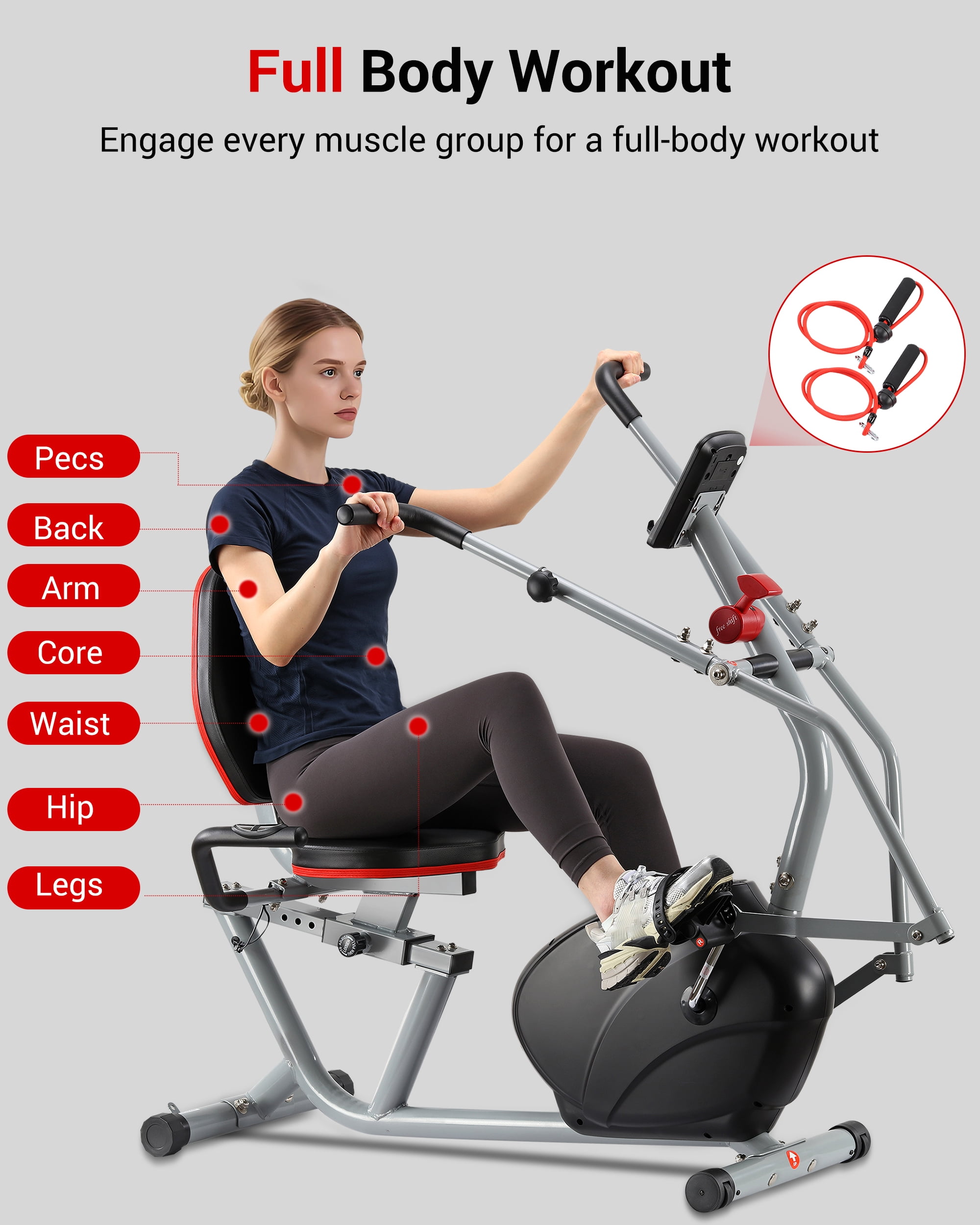 Recumbent Exercise Bike with Arm Exerciser for Home - Elliptical Recumbent Cross Trainer with Backlit Display, Pulse Sensor, 8-Level Magnetic Resistance, 380LBS Weight Capacity