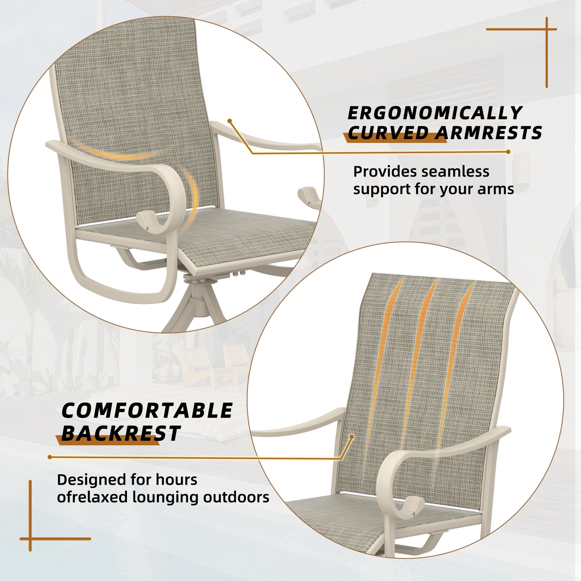 Zidtia Patio Swivel Rocker Chairs Set of 2, High Back Outdoor Dining Chairs with Sturdy Metal Frame, All-Weather Swivel Chairs,Sandshell