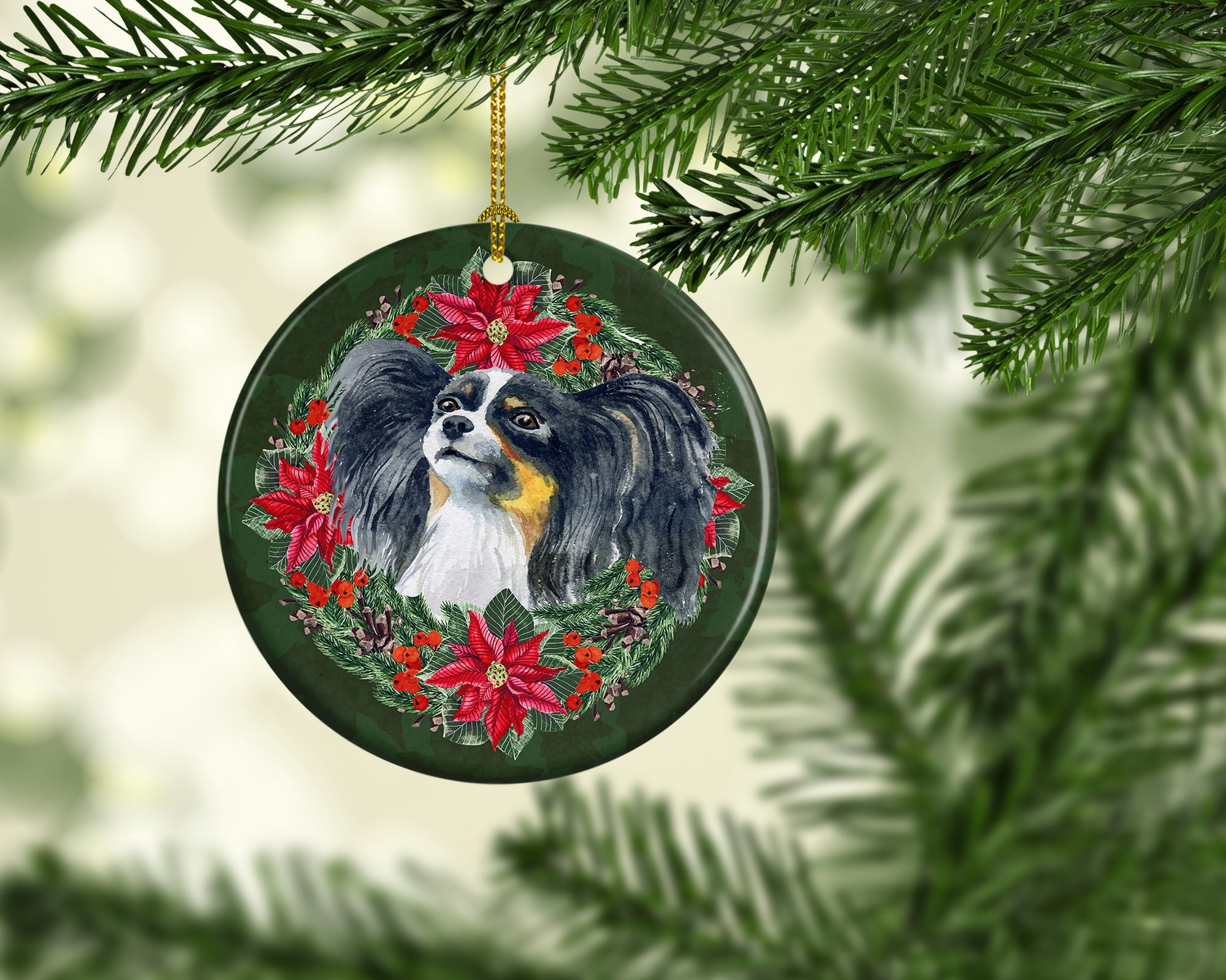 Papillon Poinsetta Wreath Ceramic Ornament 2.8 in x 2.8 in