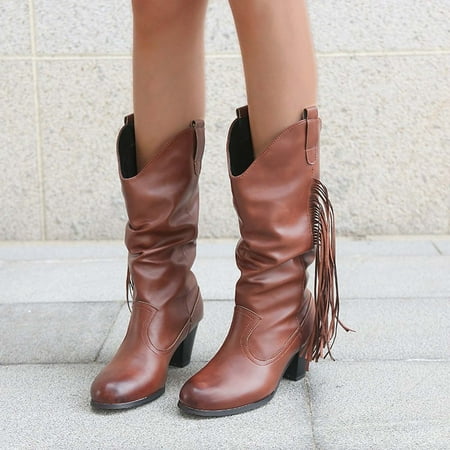 

Holiday Savings 2022! Rourlinge Autumn Winter Women Tassel Thick Heel High-heel Overshoes Mid-boots Brown 41