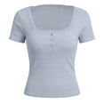 thumbnail image 4 of Women's Short Sleeve Lace Tops 2026 Summer Ribbed Scoop Neck Button T Shirts Going Out Slim Fashion Clothes Summer Tops(Grey,M), 4 of 4