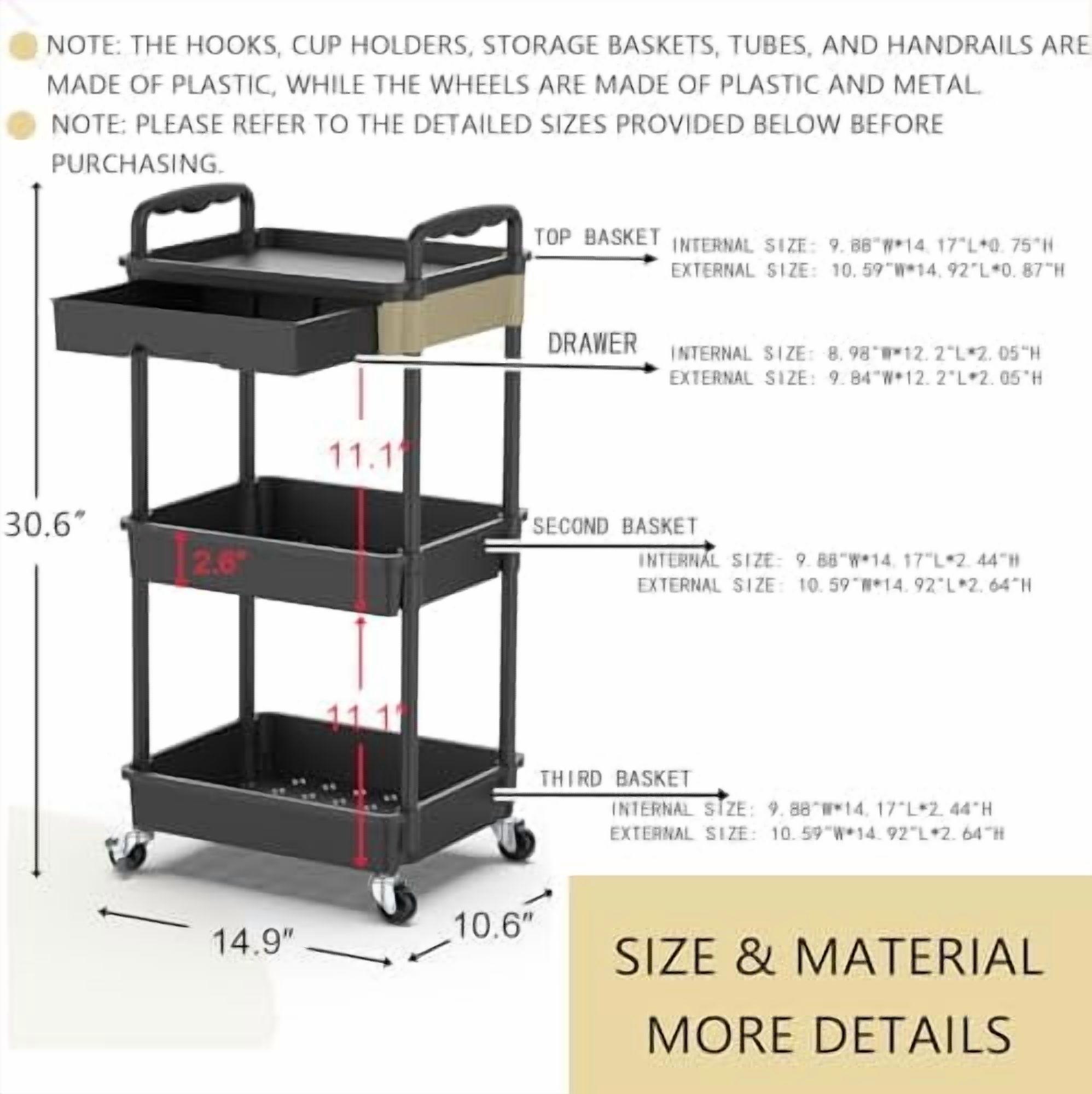 3 Tier Rolling Utility Cart Organizer with Removable Drawer, Stable and Sturdy Black Rolling Storage Carts with 2 Lockable Wheels for Bathroom, Kitchen, Snack, Craft, Makeup, Baby Essentials