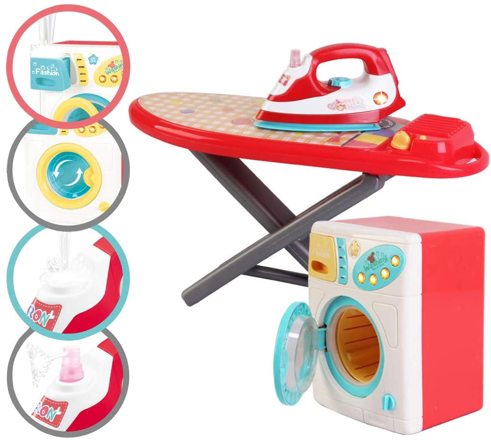 Kids Girls Laundry Washing Role Play Toy Ironing Board Iron Clothes Hanger Airer 