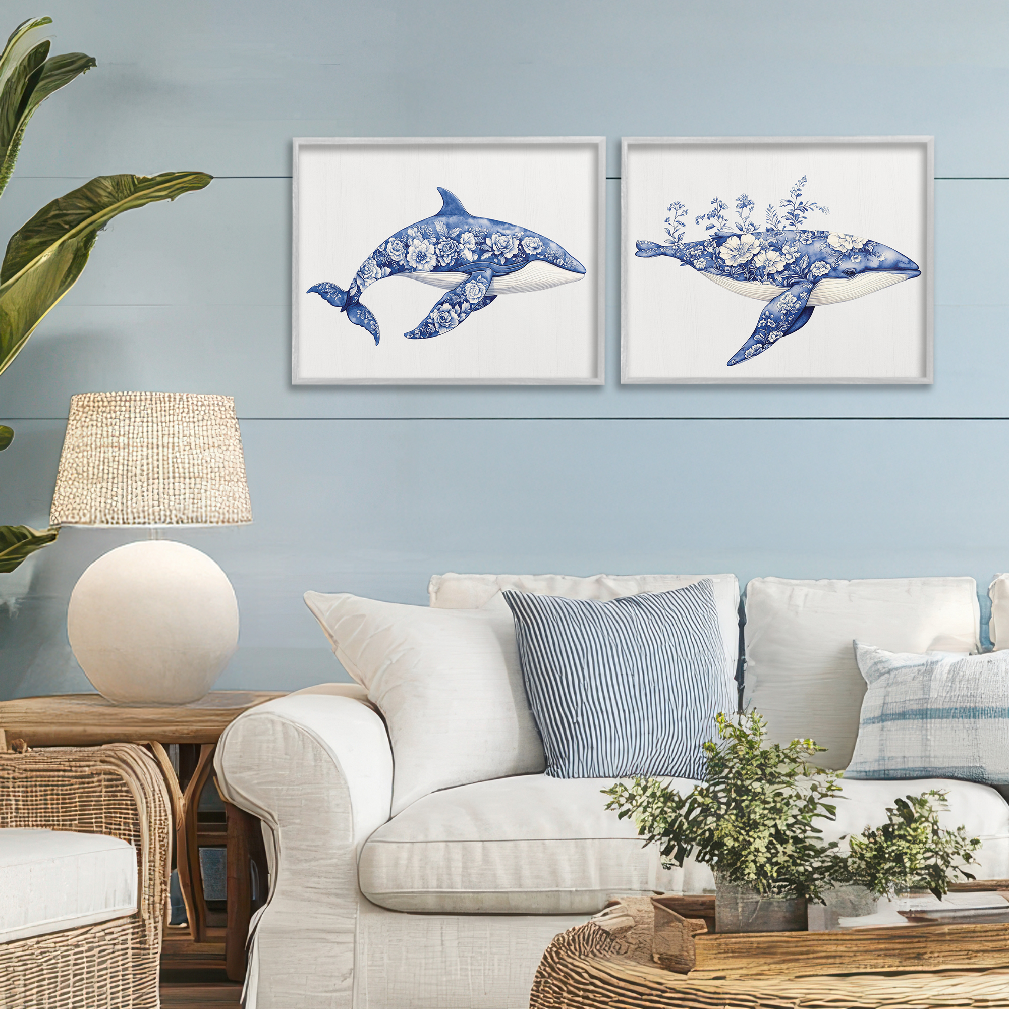 Blooming Toile Pattern Whales 2 Piece Gray Framed Giclee Art Set, design by Lettered and Lined