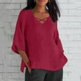 thumbnail image 2 of Amzcrzy Women Plus Size Cotton Linen Tops Women Summer Solid Casual Loose Basic Tops Fashion 3/4 Length Sleeves T Shirt Oversized V Neck Tees Tops Blouses, 2 of 5