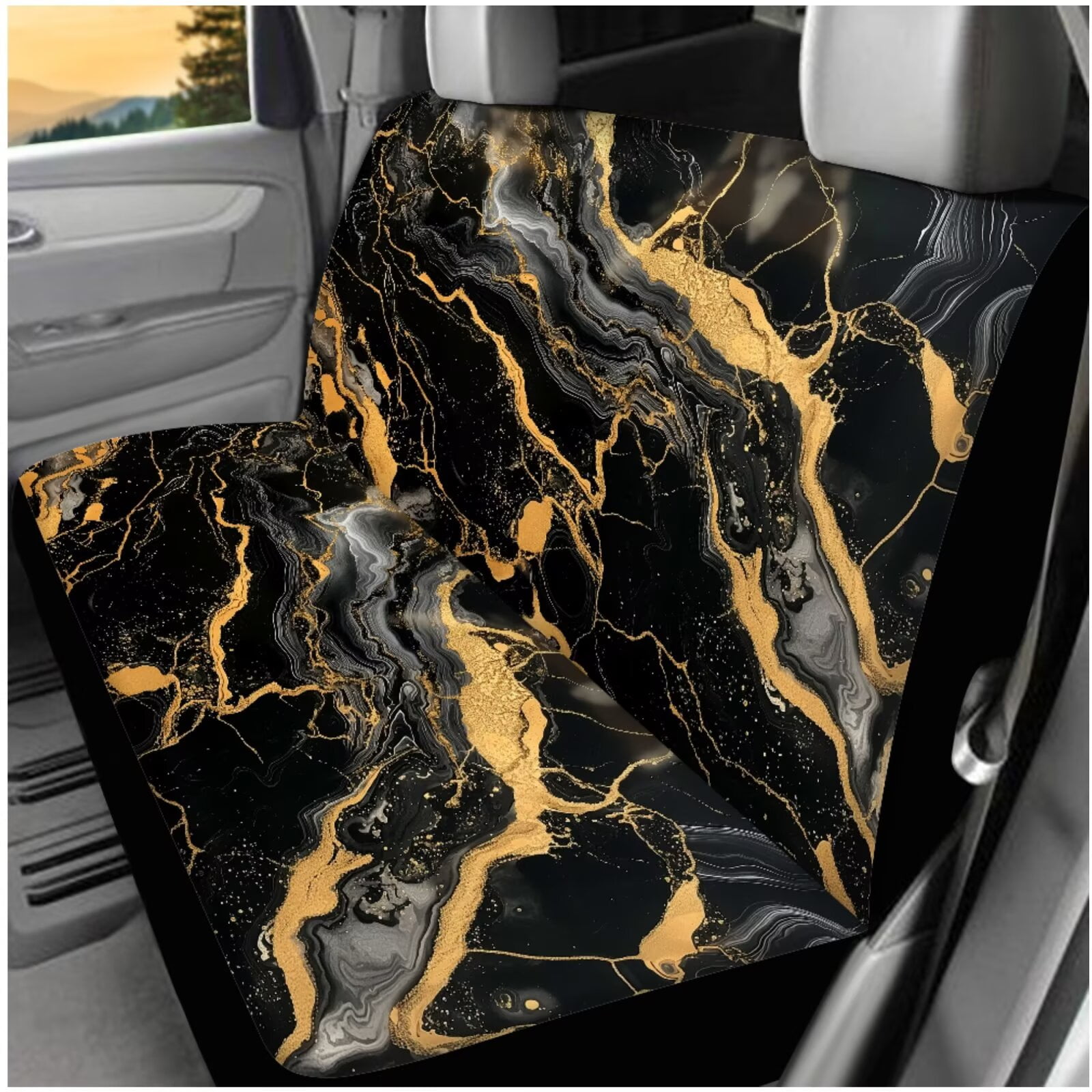 HUIACONG Black Marble Print Car Seat Covers Full Set with Steering Wheel Cover Coasters Center Console Cover Seat Belt Pads Headrest Cover Key Chain 14 Pcs Universal Car Accessories Interior