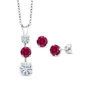 Gem Stone King 925 Sterling Silver White Moissanite and Red Created Ruby Pendant and Earrings Jewelry Set For Women (4.03 Cttw, Gemstone Birthstone, with 18 inch Chain)