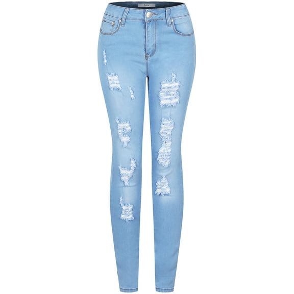 2Luver, Women's, Stretchy 5 Pocket Skinny Distressed Denim Jeans, Medium Blue, 17