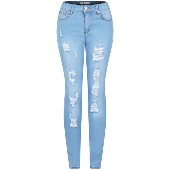 2Luver, Women's, Stretchy 5 Pocket Skinny Distressed Denim Jeans, Medium Blue, 5