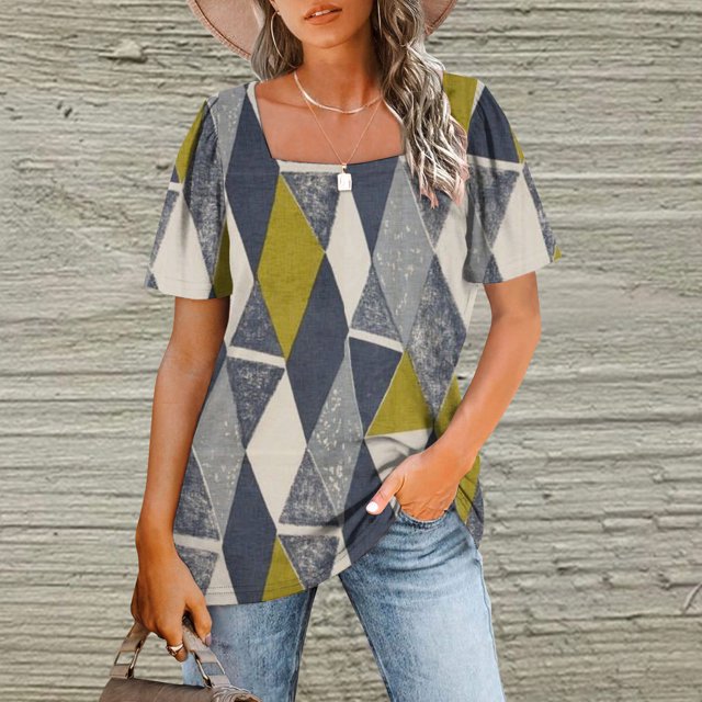 Fiudx Camisas de Mujer Top de Manga Corta con Cuello Cuadrado Regular y Estampado Sexy de Verano para Mujer