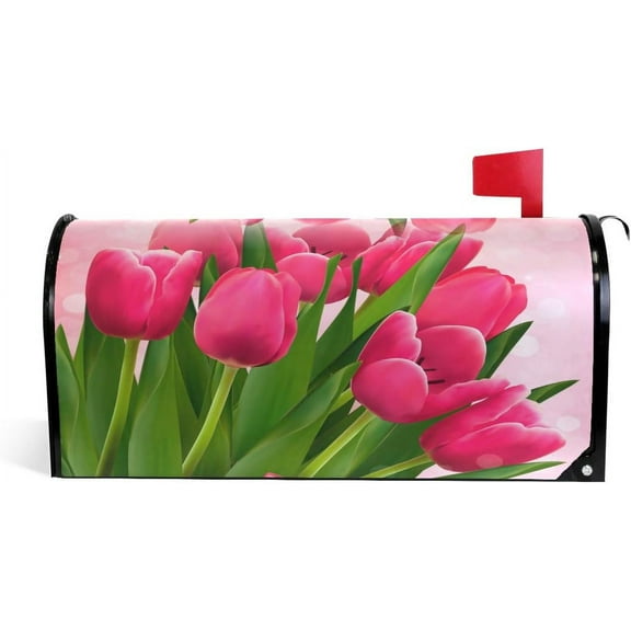 Mother''s Day Magnetic Mailbox Cover Pink Tulips Mailbox Wrap Home Decorative for Standard Mailboxes