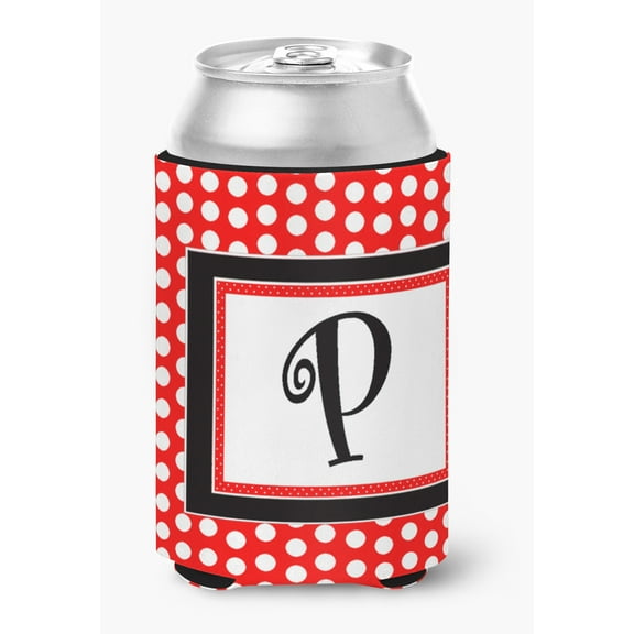 Letter P Initial Monogram - Red Black Polka Dots Can or Bottle Beverage Insulator Hugger