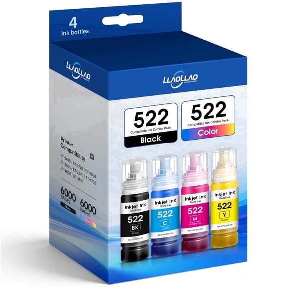 T522 522 Ink Refill Bottles Compatible for Epson 522 Ink Refill Kit for Epson EcoTank Printers ET-2800 ET-4800 ET-4700 ET-2400 ET-2720 ET-2803 (4 Pack)