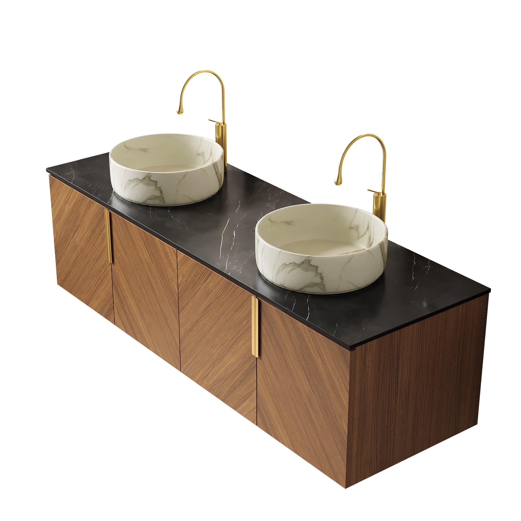 Noble House Arai 60" Bathroom Vanity with Sintered Stone Countertop, Wooden Storage Cabinet, Gold Handles, Brown Oak
