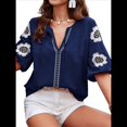 thumbnail image 2 of Blusas de Verano para Mujer, Blusas Florales Bordadas con Mangas Abullonadas, Cuello en V, Estilo Bohemio, Informal Azul Marino S, 2 of 7