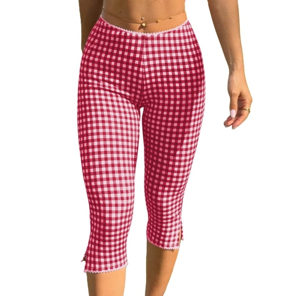 ZQUUVOU Women's Plaid Capri Pants Lace Trim Side Split Fitted Cropped Pants Elastic Waist Stretchy Slim Fit Casual Summer Pants Red