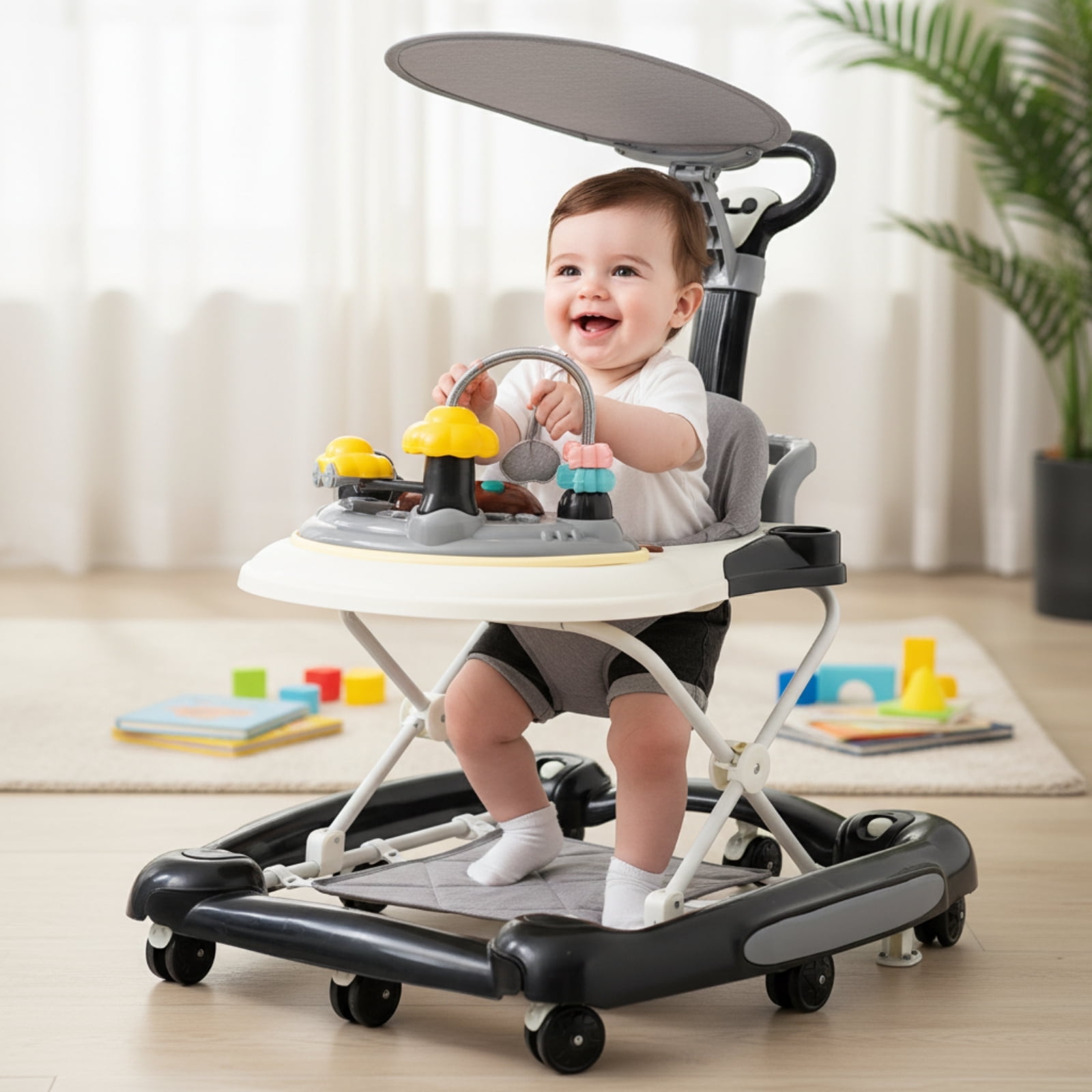 PUEDO 5-in-1 Baby Walker for Baby Boys Girls, Adjustable Infant Walkers with Wheels，7 Months+，Black