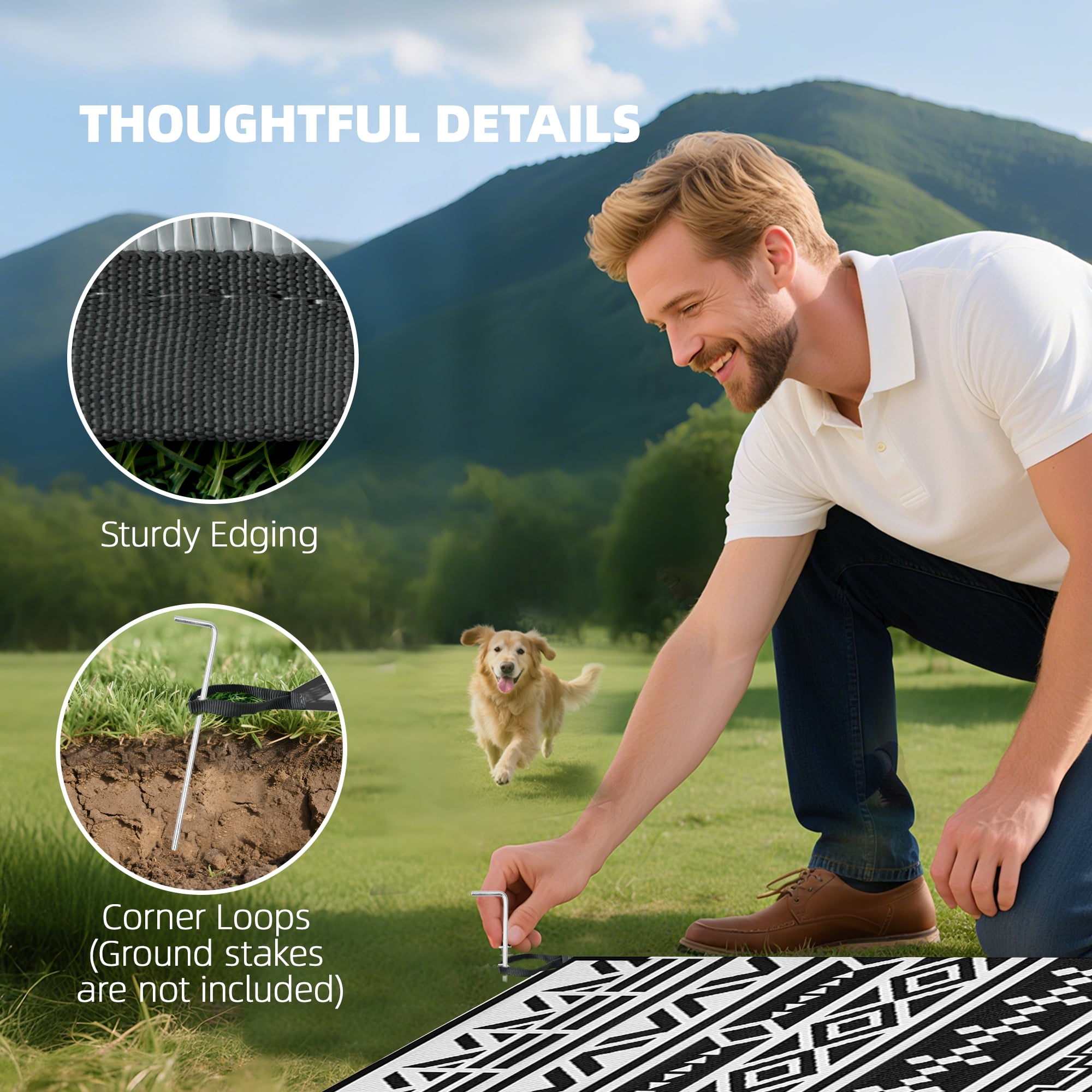 Outsunny Outdoor Patio Rug, Large Camping Carpet with Carrying Bag, 9' x 18' Waterproof Plastic Straw, Reversible, Black & White Geometric Wall