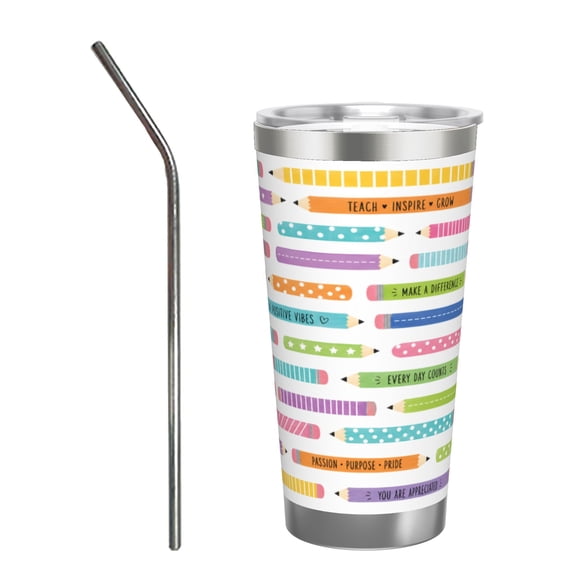 20oz Colorful Teacher Pencil Tumbler with Handle Stainless Steel Insulated Travel Coffee Cup Teacher Gift with Stainless Steel Straw