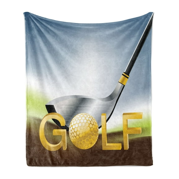 Golf Soft Flannel Fleece Throw Blanket, Sport Activity Theme with Golf Stick in Digital Style Illustration, Cozy Plush for Indoor and Outdoor Use, 70" x 90", Mustard Chocolate, by Ambesonne