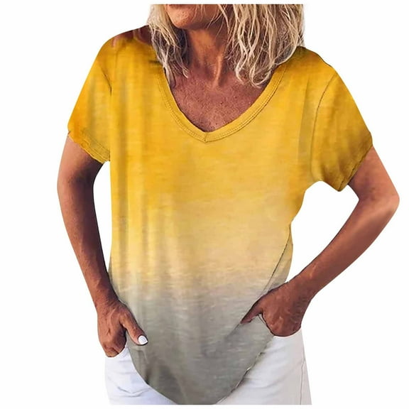 Womens Work Shirts Tops Casual V-Neck Fading Color Short Sleeve Plus Size Women Tees Blouses Yellow L